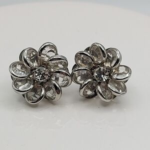 Clear Bezel Crystal Flower Earrings, Vtg,GC.